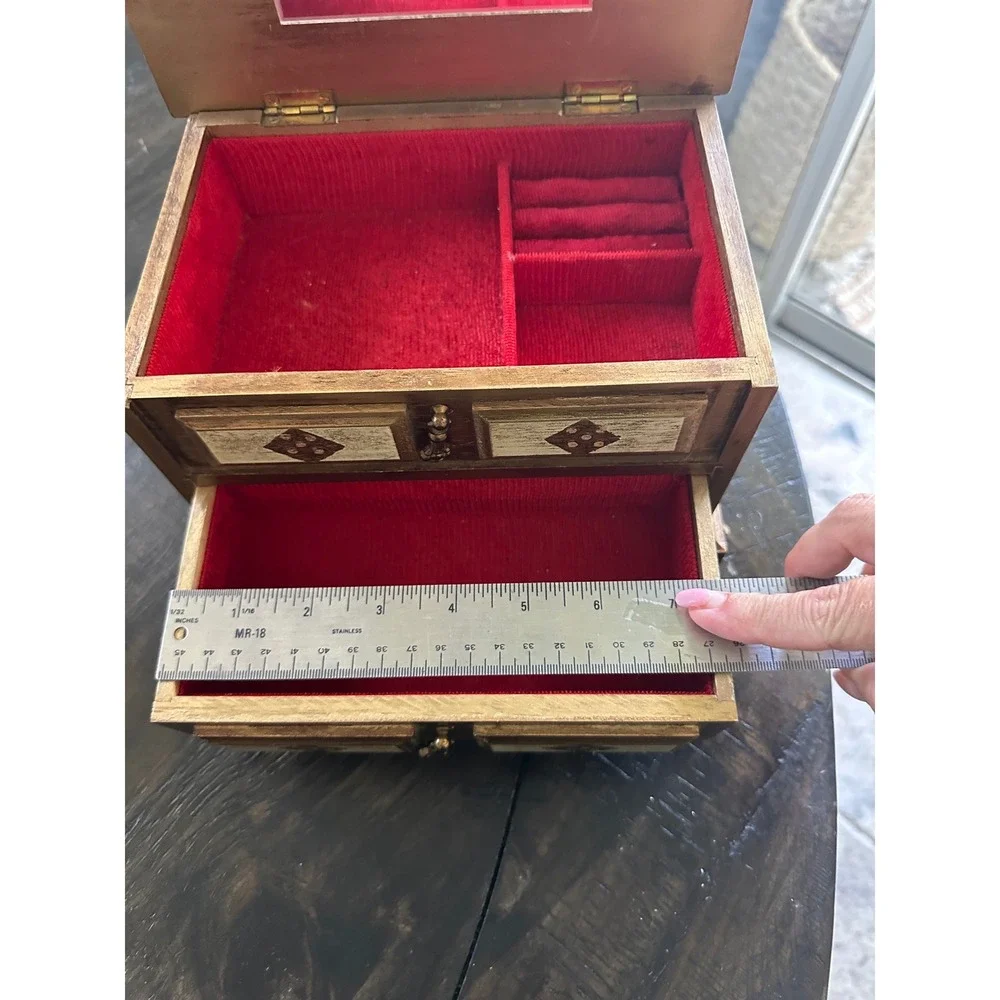 Vintage Royal Sealy Wood Musical Jewelry Box Red Velvet Lining Mirror Japan EUC